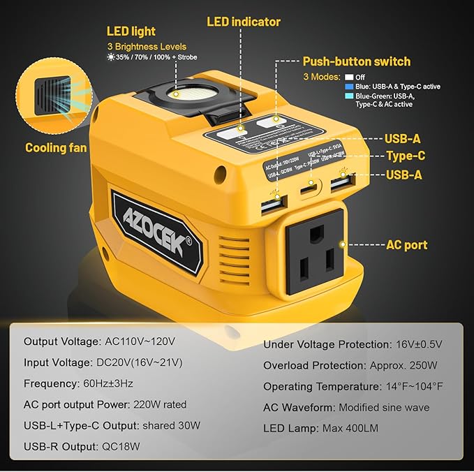 220W Power Inverter Compatible with Dewalt 20V Battery(Battery not Included), DC 20V to AC 110V, 2 USB Ports & 1 Type-C Fast Charging, 400LM LED Work Light
