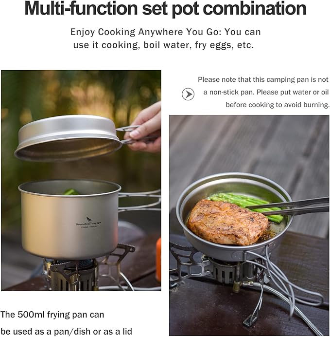 iBasingo Backpacking Cookset Titanium Camping Pots Set Ultralight Outdoor Picnic Pots Pans with Folding Handle Druable Portable Cooking Mess Kit Compact Picnic Dishes Bowls Cups (Multiple Sizes)
