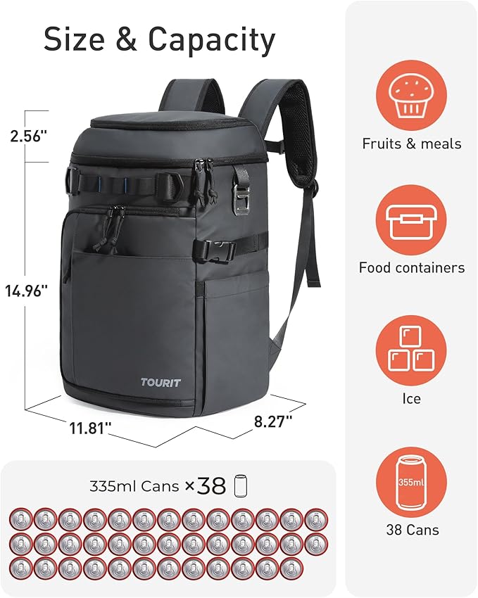 TOURIT 38 Cans Backpack Cooler: Leak Proof Waterproof 2 Insulated Compartments Soft Cooler Bag Beach Travel Camping Picnic
