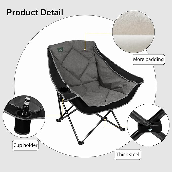 Northroad Oversized Foldable Camping Chair, Outdoor Padded Lawn Chair w/Cup Holder,Carry Bag for Beach, Hiking, and Picnics,Black