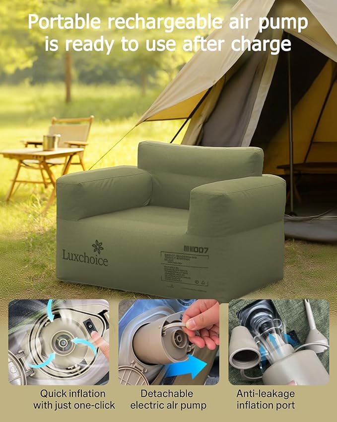 Inflatable Couch with Built-in Cordless Rechargeable Pump Durable Blow Up Sofa Chair Portable Camping Couch Waterproof Inflatable Furniture for Outdoor Beach Home Festivals Backyard Party | Cordless Air Pump, Durable Fabric, Puncture Resistant, Easy In...