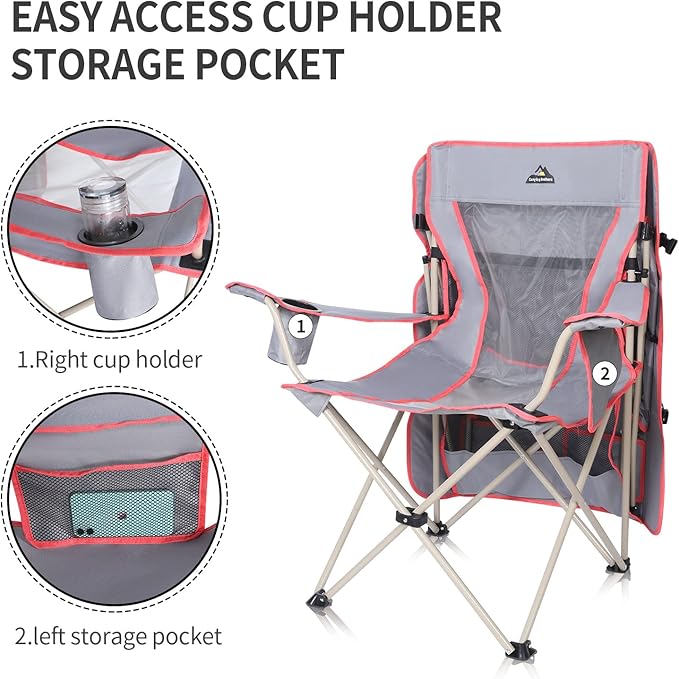Camping Chair with Full Sun Protection Canopy - Outdoor Folding Chair with Adjustable Shade, Cup Holder, Side Pockets - Heavy Duty Beach Chair with Canopy Shade Support 330 lbs (Gray)
