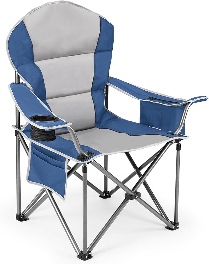 DUMOS Folding Camping Chairs, Outdoor Collapsible Padded Chairs with Cup Holder & Cooler Bag, Heavy Duty Portable Camping Chair for Garden Beach Fishing Sports, Blue