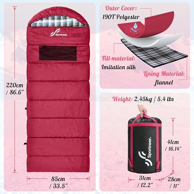 Sportneer Heated Sleeping Bag with 5 Heating Zones, Warm Flannel Cold Weather Sleeping Bag for Adults, 3 Heat Levels USB Powered (Power Bank Not Included), Winter Camping & Outdoor Hiking