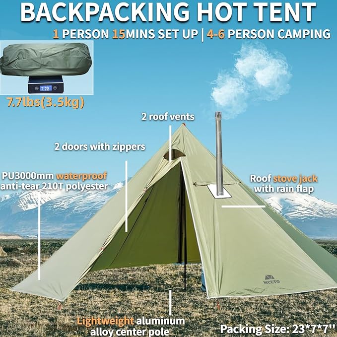 DANCHEL OUTDOOR Backpacking Hot Tent with Stove Jack, 4 Season Lightweight Tipi Tent for 2/4/6 Person Winter Camping Hunting, 10.5FT-16.4FT