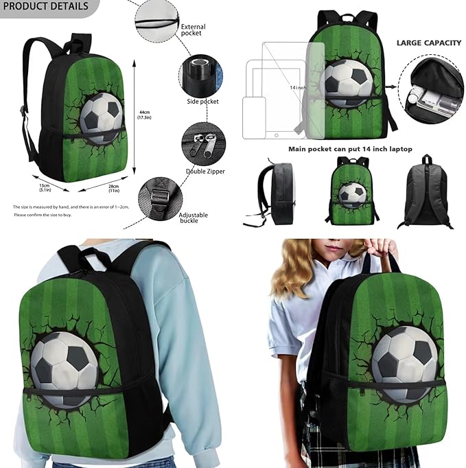 Rnyleeg Football Backpack for Boys 8-12 Green Kids Backpack with Lunch Bag Lightweight 3 Piece Book Bag Set for Elementary School Back to School Supplies Set