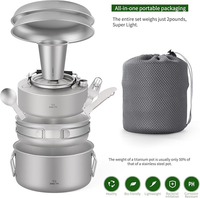 ZING TII Titanium Camping cookware Set, Camping Essentials，Camping Pot，Camping Gear，Camping pots and Pans Set with Pots, Cups，Pans，Tableware.
