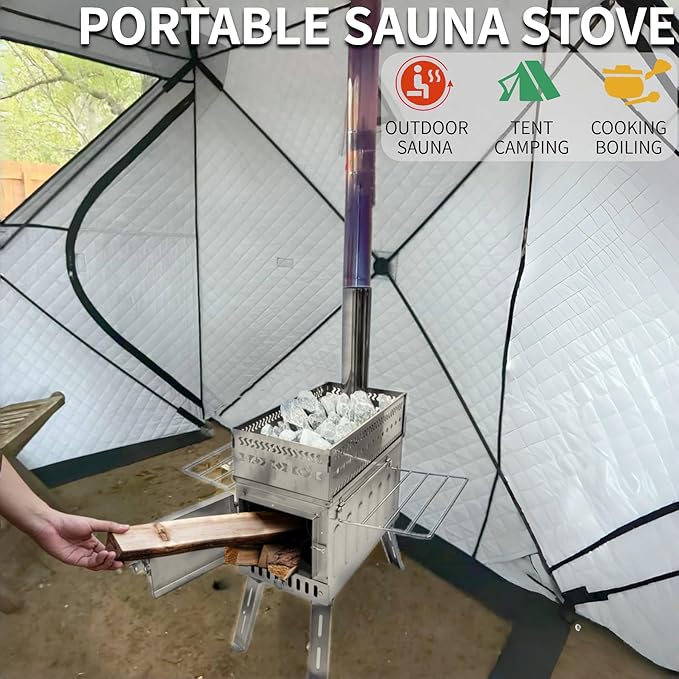 DANCHEL OUTDOOR Camping Stove with Sauna Tent with Stove Jack, Hot Tent Wood Stove with Pipe Spark Arrestor for 1-2 Person Dry Sauna, Cooking, Ice Fishing