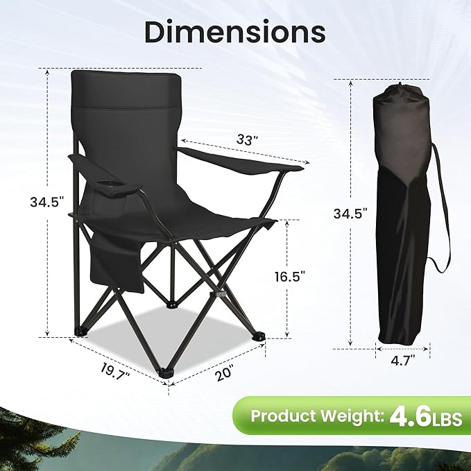 Portable Camping Chair 2 Pack, Folding Outdoor Chair with Cup Holder & Side Pocket for Camping, Hiking, Picnic, Beach (Black)