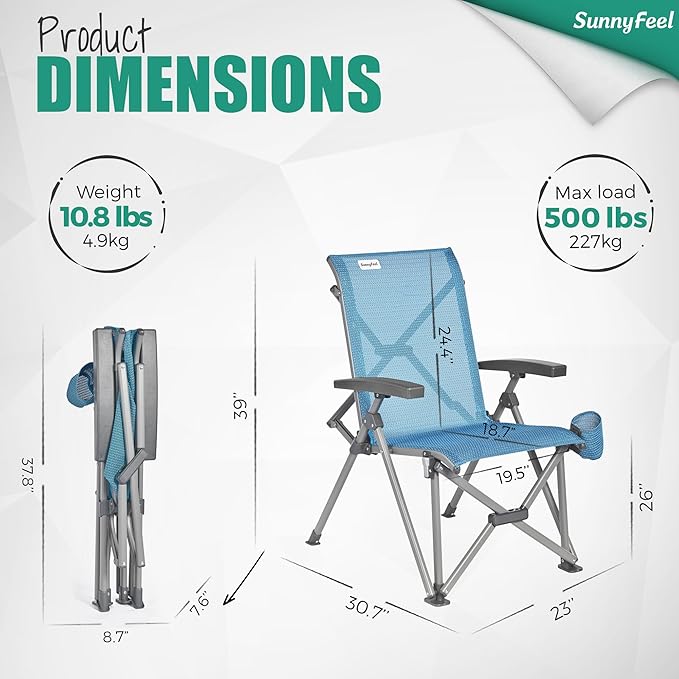 SUNNYFEEL Folding Camping Chair Heavy Duty Ergonomic Chairs Support 500lbs with Adjustable Breathable High Back Support and Cup Holder, Aluminum Frame for Fishing, Camp, Beach, Lawn, RV, Patio