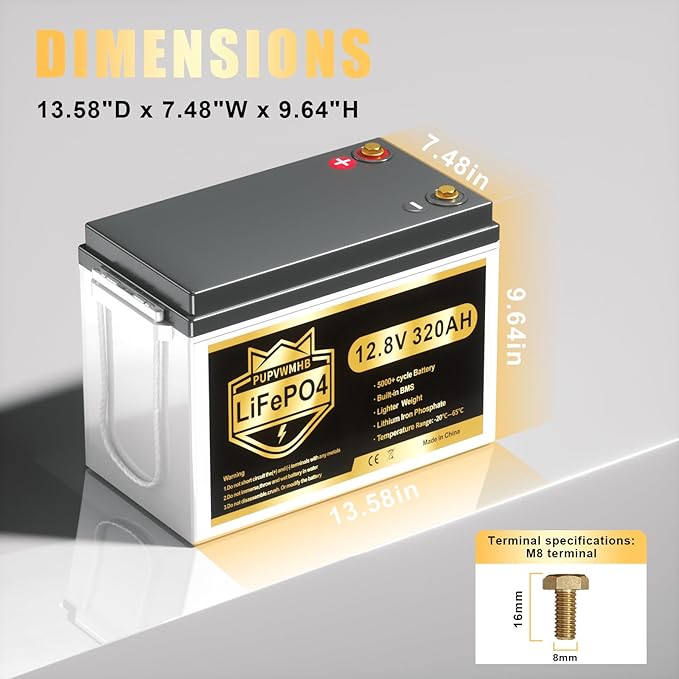 2 Pack 12V 320Ah Lithium LiFePO4 Battery, Built-in Smart 200A BMS, Up to 15000 Cycles, 4096Wh-Higher Energy Density, Perfect for Solar Energy Storage, Backup Power, RV, Camping, Off-Grid System