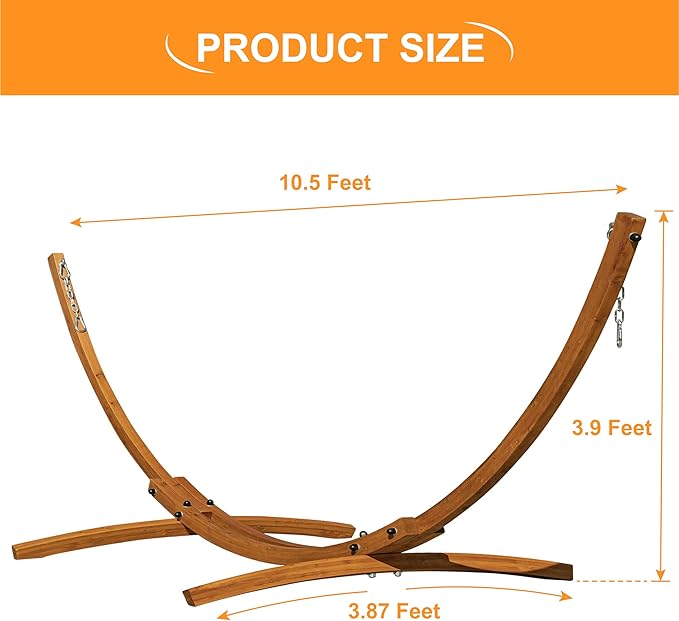 Lazy Daze Hammocks 10.5 FT Outdoor Arc Wood Hammock Stand, 2 Person Hard Pine Wood Hammock Stand with Carabiners and Chains for Outdoor Patio Garden Poolside, 300lb Capacity, Brown