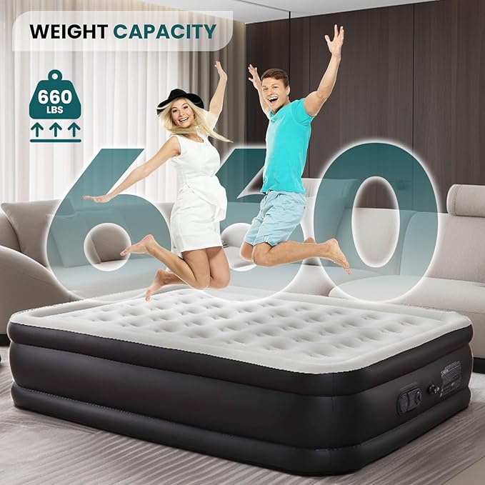 DUMOS Queen Air Mattress - 18" Inflatable Blow Up Airbed with Built-in High Capacity Pump, Double Height, Non-Slip Bottom Design, Weight Capacity 660 lbs Air Bed for Home or Camping