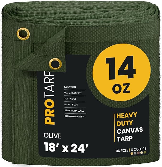 PROTARP Heavy Duty 14 OZ Water Resistant Canvas Tarp, UV Resistant Tarpaulin Cover with Rustproof Brass Grommets, Multipurpose for Canopy, Roof, Camping, Woodpile (Olive 18'X24')