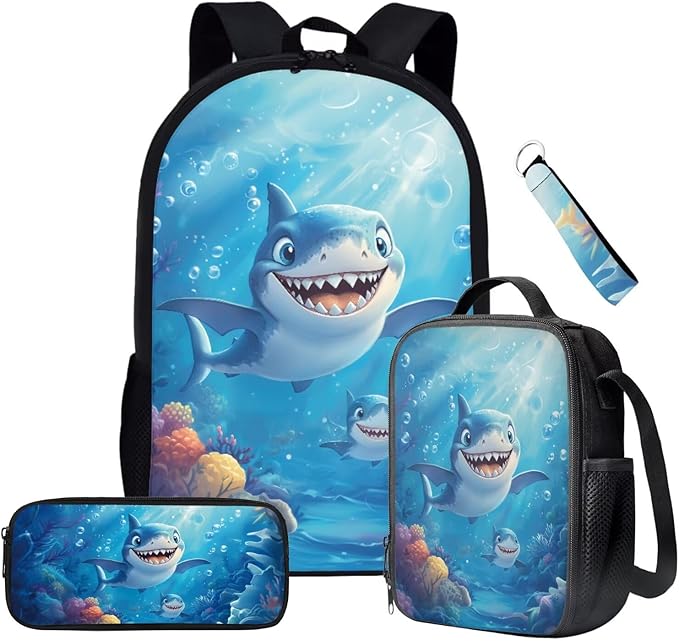 Animal Shark School Backpack Set with Lunch Box 3 Pcs School Backpack for Boys Kindergarten Middle Pencil Case Kids Travel Backpacks Mochilas Escolares Para Niños with Wrist Strap Keychain