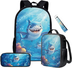Animal Shark School Backpack Set with Lunch Box 3 Pcs School Backpack for Boys Kindergarten Middle Pencil Case Kids Travel Backpacks Mochilas Escolares Para Niños with Wrist Strap Keychain