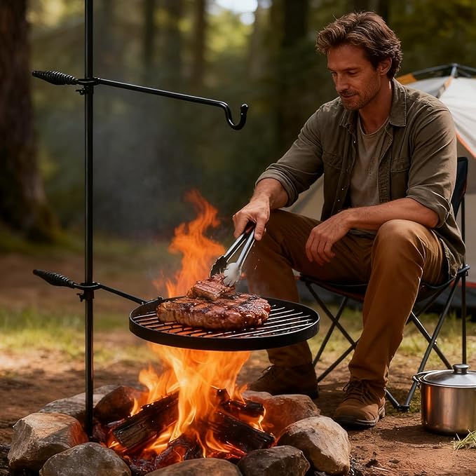 VINGLI Swivel Camping Firepit Grill, Foldable Campfire Steel Grate w/Griddle & Storage Bag, 360° Adjustable, Open Fire Outdoor Cooking Equipment, Parties, Activities, Families Use 30'' x 13'' x 48''