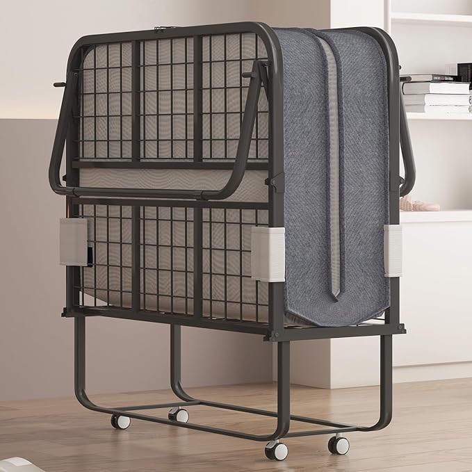 BALUS Folding Bed with Mattress, 75"x51" Rollaway Bed with Locking Casters and 5" Rebound Mattress, Metal Folding Frame for Storage, Foldable Single Bed for Bedroom/Guest Room(Standard)
