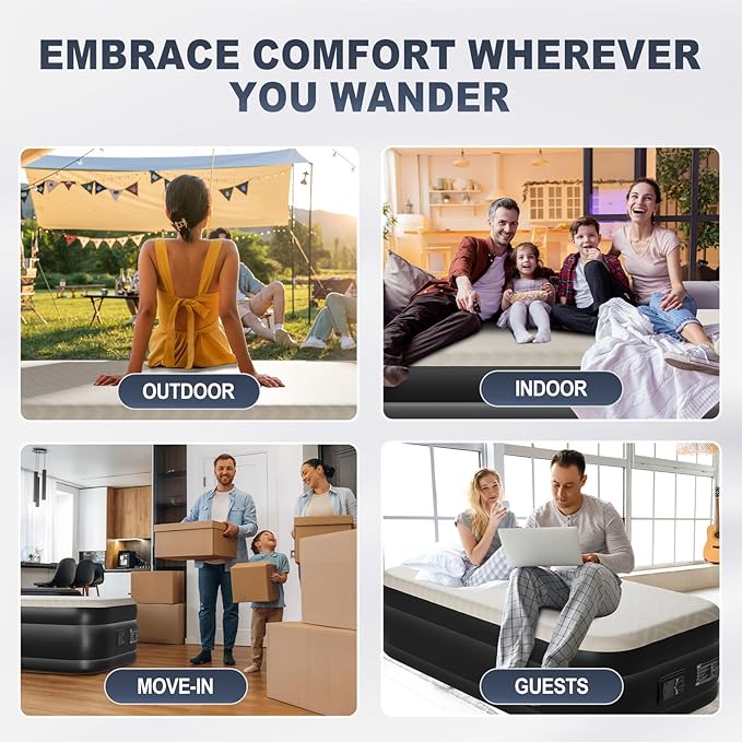 Outvita Twin Air Mattress with Built-in Pump, Foam Topper Inflatable Air Bed Quick Assembly Comfort Luxury Blow Up Sleeping Mat for Guests and Home, Camping, Travel, 650lbs Weight Capacity