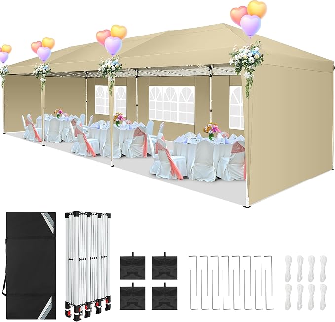 COBIZI 10x30 Pop Up Canopy Tent with 5 Sidewalls, Waterproof Party Tent for Wedding Backyard Events, Commercial Outdoor Shelter with Sandbags, Khaki
