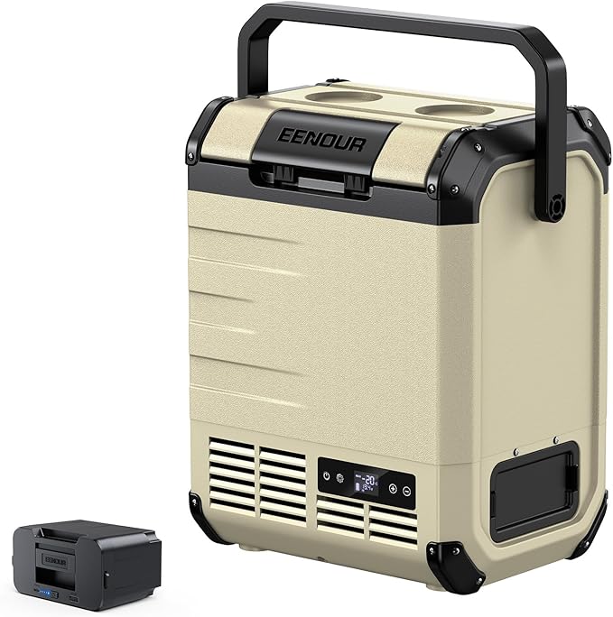 EENOUR D10 12 Volt Car Refrigerator, Portable Freezer 10.6Qt/10L Battery & Solar Powered Cooler 25W, -4~50℉, 12/24V DC, 110~240V AC, Idea for 2 People, Road Trips, Truck, Camping (Battery Included)