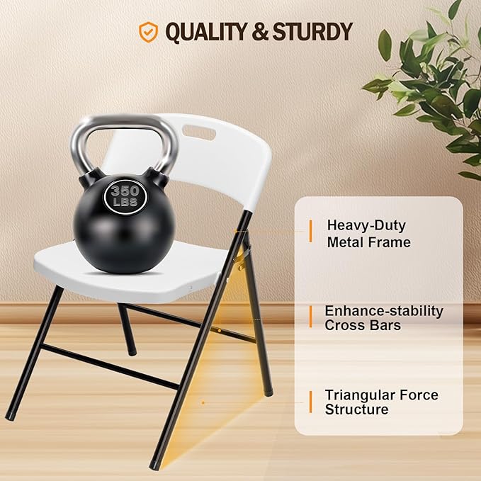 VINGLI Folding Chairs, Plastic Foldable Chair, Capacity up to 350 lbs, Portable Seating for Indoor Outdoor Events Parties Camping Work School Commercail (4, White)