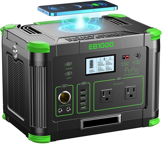 Solar Generator 1000W (Peak 2000W), 999Wh Portable Power Station with 110V Pure Sine Wave AC Outlets, 60W USB-C PD Fast Charging, for Home Backup, RV Camping, Travel & Emergency Off-Grid Living