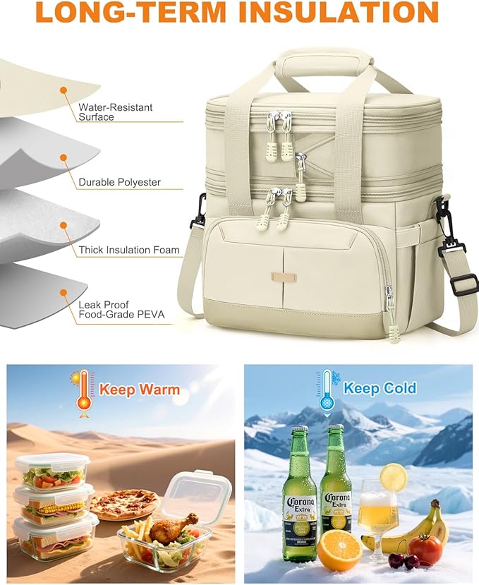 Lunch Box For Men Women Double Deck Insulated Lunch Bag For Men Woman Leakproof Expandable Cooler Bag with Adjustable Shoulder Strap for Kids Shool Work Picnic Camping(Beige,Large)