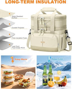 Lunch Box For Men Women Double Deck Insulated Lunch Bag For Men Woman Leakproof Expandable Cooler Bag with Adjustable Shoulder Strap for Kids Shool Work Picnic Camping(Beige,Large)