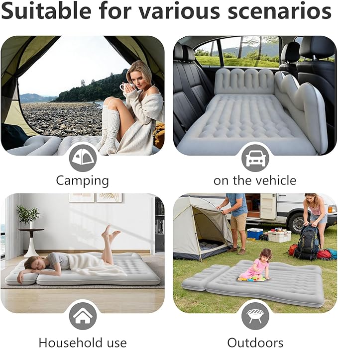 Car Air Mattress, Inflatable SUV Truck Camping Mattress for Back Seat, Thickened Travel Car Bed Sleeping Pad with 2 Round air-Filled Bolster,Air Pump and 2 Pillows (Grey)