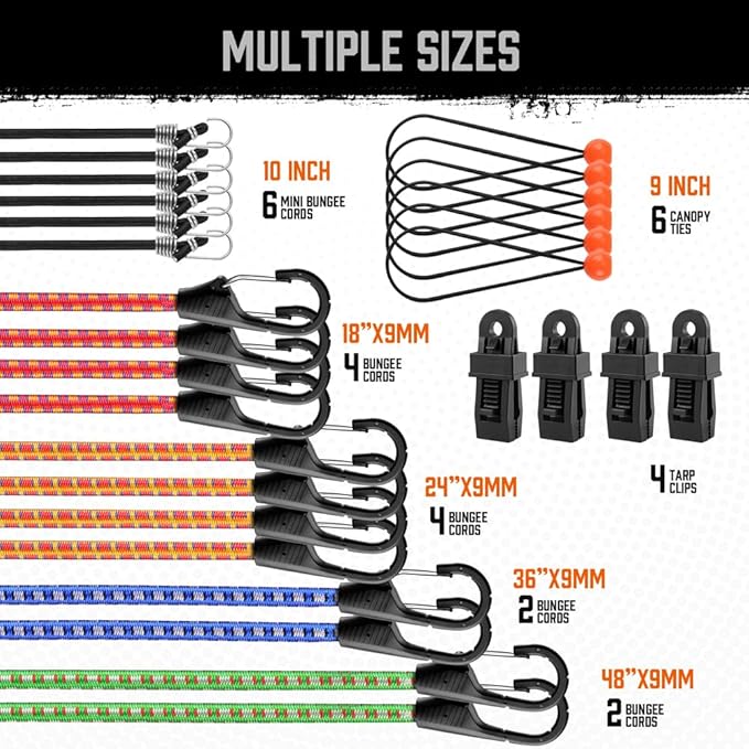 HORUSDY 28-Piece Premium Bungee Cords with Hooks, Includes 10”, 18”, 24”, 36”, 48”, Bungee Cord Assortment (10 to 48 Inch)