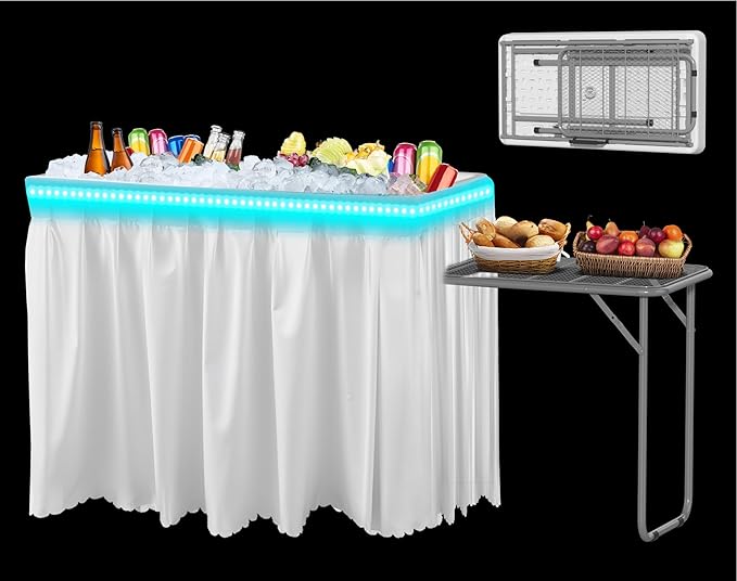 Ice Cooler Table with Led Light, 4 Foot Outdoor Ice Table with Foldable Extension Stand, Matching Skirt & Drain Hose, Folding Cooler Tables with Metal Shelf for Party, BBQ, Camping Picnic