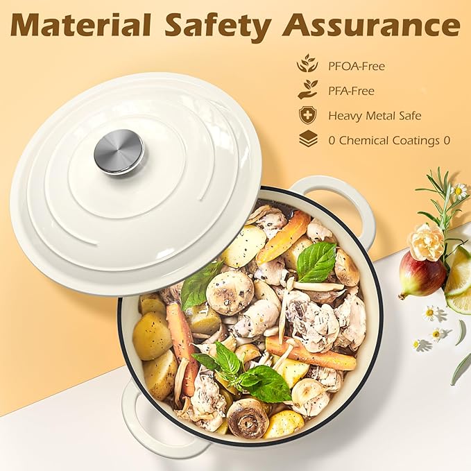 Enameled Cast Iron Dutch Oven - Umite Chef 5QT Pot with Lid & Cotton Potholders - Heavy-Duty Cookware for Bread Baking, Braising, Stews, Roasting(Cream White)