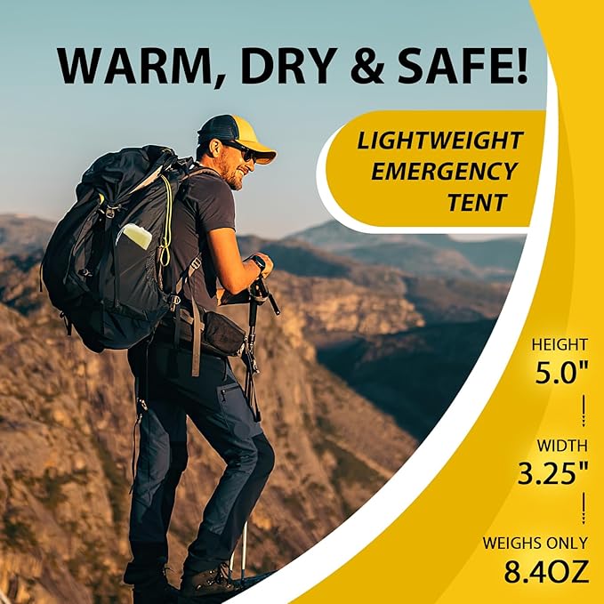 1-Pack Survival Life Tent - 1Person Mylar Shelter, Tube Tent with Paracord, All-Weather for Camping, Hiking, Survival Kits-Yellow