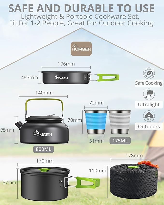 HOMGEN Ultralight Anodized Aluminum Camping Cookware Set for 2 People - Nesting Non Stick Pot/Pan with Foldable Handles Insulated Teapot & Stainless Cups - Compact Backpacking Gear for Camping/Hiking