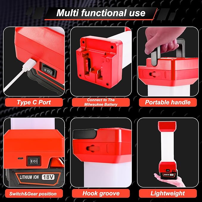 LED Work Light Compatible with Milwaukee M18 Battery, 2900LM 360° Cordless Jobsite Light for Garage, Workshop & Camping, 2 Modes Lantern with Type-C Charging Port (Battery Not Included)
