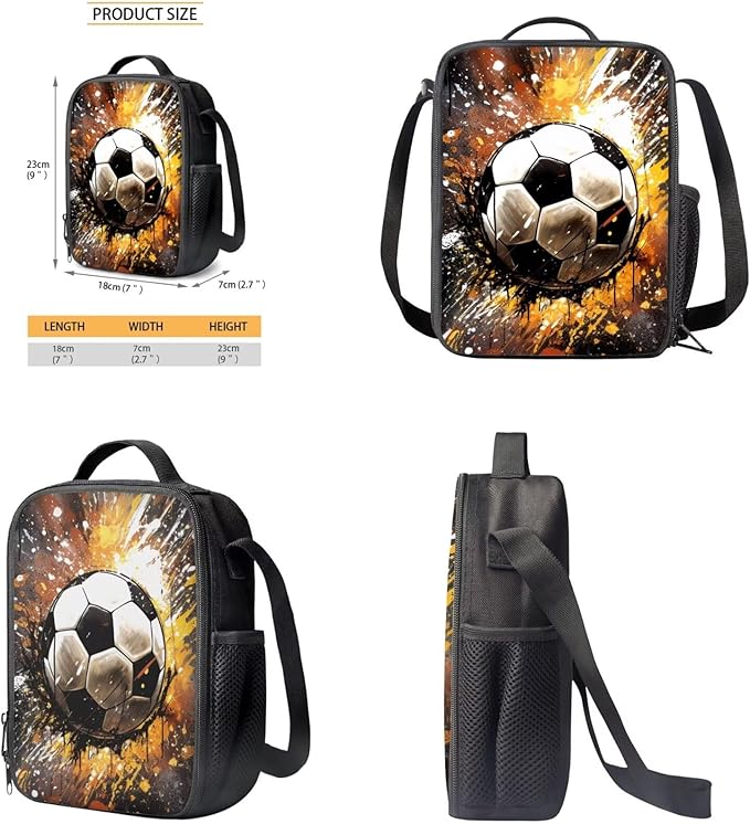 Rnyleeg Soccer Backpack for Boys 5-6 Novelty Kids Backpack with Lunch Box Large Capacity School Bag Set of 3 for Primary Students Back to School Supplies