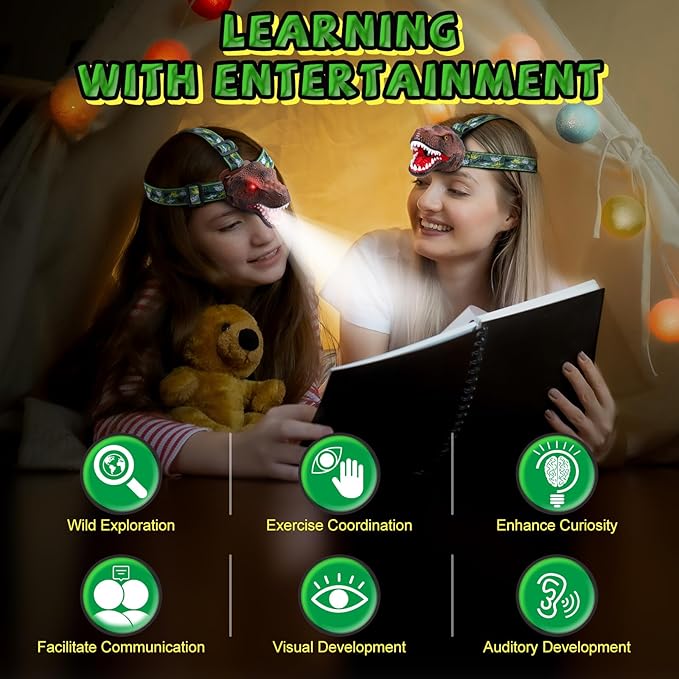 Dinosaur Headlamp for Kids Flashlight Rechargeable Led Headlights Roar & Silent Mode, T-Rex Dinosaur Toys for Kids 3-5 4-6 5-7 6-8, Camping Gear, Easter Gifts for Boys Girls Adults