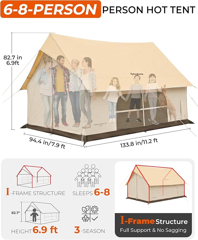 KingCamp Camping Tent with Floor 6-8 Person, Canvas Hot Tent with Stove Jack, Waterproof & Windproof Cabin Tent for Family Camping & Outdoor Parties