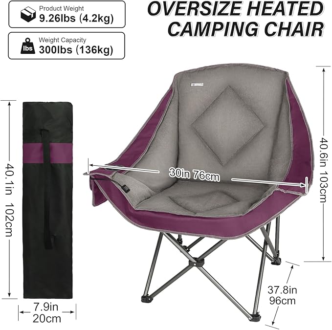 CAMPHILL Heated Camping Chairs,Oversized Padded Heating Lawn Chair with Cup Holder,Wide&Thick,Heavy Duty Folding for Patio,Tailgates,and Sports,Battery NOT Included,Purple