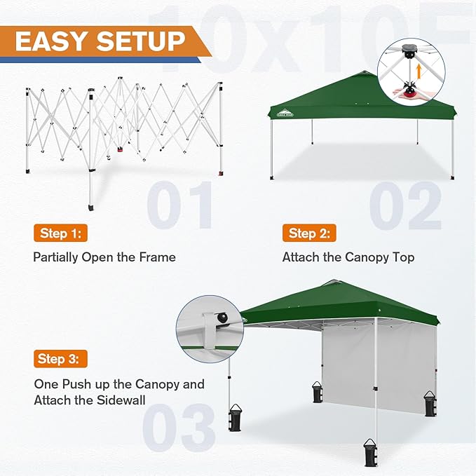 EAGLE PEAK Commercial Canopy 10x10 Pop Up Canopy Tent with 1 Sidewall, Easy Setup Heavy Duty Instant Event Shelter for Vendors & Markets, Outdoor Sun Shade, Green