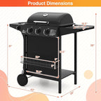 Happygrill 3 + 1 Burner Propane Gas Grill, 39,000 BTU Outdoor Cooking Grill w/Storage Shelves & Porcelain-Enameled Grates, Portable BBQ Grills on Wheels w/Thermometer for Backyard, Camping & Picnic
