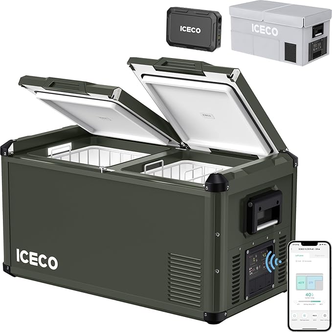 ICECO VL75ProD 75L Portable Refrigerator, Dual Zone Fridge Freezer with SECOP, 0°F to 50°F, 12V Refrigerator with Reversible Lid&Bluetooth Function, Car Fridge Portable, AC/DC |With Battery&Cover