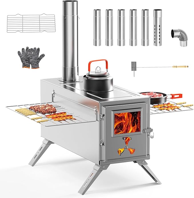 Upgraded Wood Stove, Hot Tent Stove Camping Portable Stainless Steel Wood Burning Stove with 7 Chimney Pipes for Wall Tent Camping, Hunting, Heating, Cooking, Ice Fishing, Boiling Water - Medium