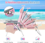 GYMAX Beach Chairs, Backpack Camping Chair with Armrest, Cooler Bag, Cup Holder, Towel Bar & Side Pockets, Sunbath Sling Tanning Lounge, Folding Layout Chair (4 Chairs Without Table, Pink)