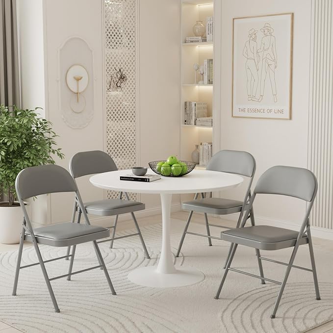DUMOS 8 Pack Folding Chairs with Padded Cushion and Back - PU Leather Stackable Portable Dining Chiars Set, for Home and Office, Conference, Wedding, Party, Patio, Garden, for Indoor Outdoor, Grey