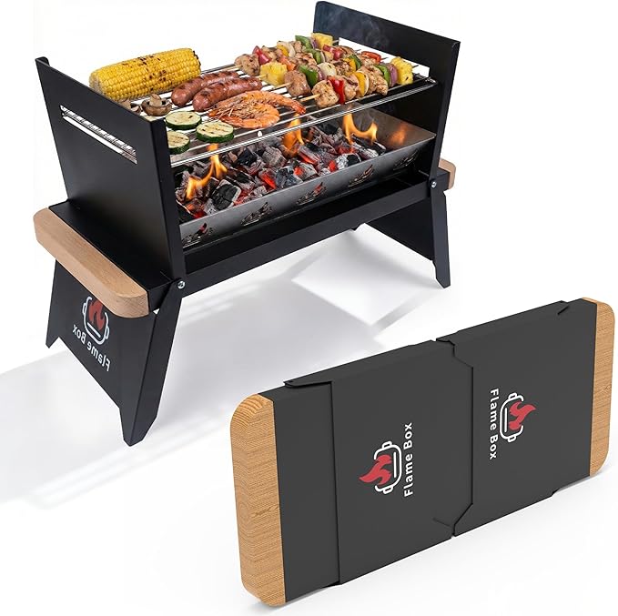 Nomad Portable Charcoal Grill – Ultra-Slim Folding BBQ for Outdoor Cooking, Camping & Travel | 304 Stainless Steel, Heat-Resistant Wood Handles, Quick Setup