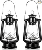Hortsun 2 Pcs 12 Inch Vintage LED Hurricane Lantern Metal Black Outdoor Battery Operated Hanging Lantern with Warm LEDs and Dimmer Switch for Indoor Rustic Farmhouse Country Camping Decor
