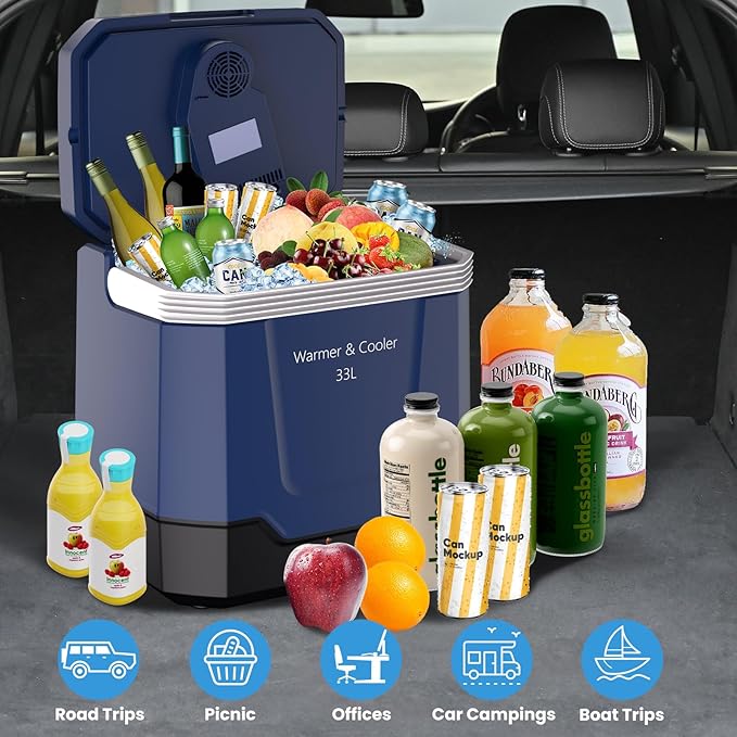 35 QT (33 L) Electric Cooler & Warmer, Portable Car Refrigerator With Automatic Locking Handle, 12V Car Cooler for Vehicle & Trucks, 110V AC Home Power Cord, Plug In Coolers,Blue