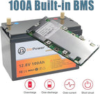 12V 100AH Lithium Battery,5000+ Deep Cycle LiFePO4 Battery with Built-in 100A BMS fit for Home Storage,Trolling Motor,RV,Off-Grid System,Solar Power System,Marine